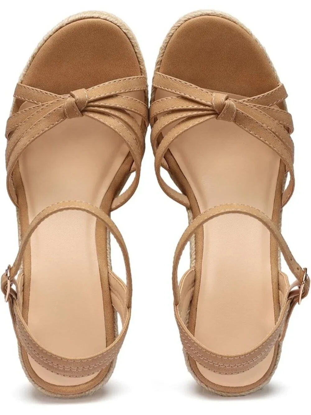 Women's Tan Matte Espadrille Platform Wedge Sandals Open Toe Ankle Strap Heels